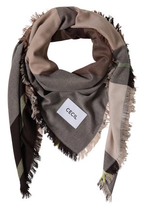 Driehoekige sjaal met franjes in bruine en beige tinten, met een wit label met de merknaam "CECIL" erop genaaid.