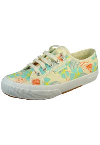 Sneakers z płótna z kwiecistym wzorem, z jasnoniebieskimi, pomarańczowymi i zielonymi akcentami, białą gumową podeszwą i okrągłymi sznurowadłami.