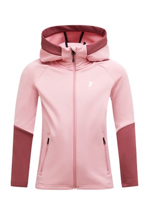 Lichtroze jas met ritssluiting en een bordeauxrode capuchon en bovenkant van de mouwen. Heeft zijzakken, een getailleerd ontwerp en een klein wit logo op de borst.