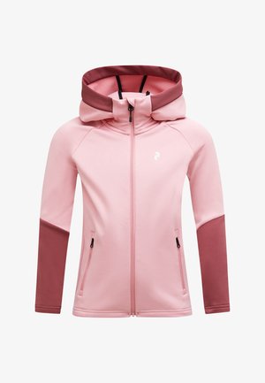 Hellrosa Jacke mit Reißverschluss, bordeauxroter Kapuze und Oberärmeln. Verfügt über Seitentaschen, eine taillierte Passform und ein kleines weißes Logo auf der Brust.