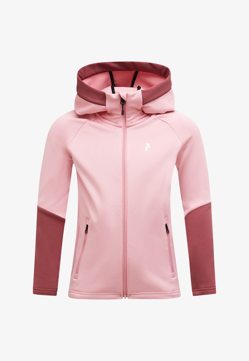 Veste zippée rose clair avec une capuche et des manches supérieures bordeaux. Comprend des poches latérales, une coupe ajustée et un petit logo blanc sur la poitrine.