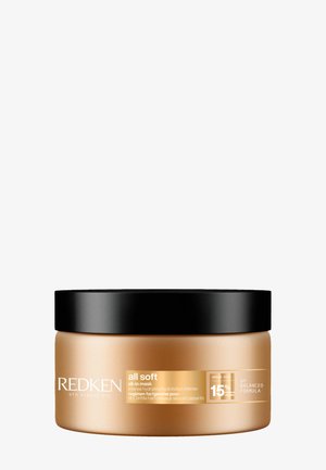 Redken All Soft Haarmaske im Tiegel mit schwarzem Deckel, gekennzeichnet für intensive Feuchtigkeitszufuhr und Behandlung von trockenem, sprödem Haar.