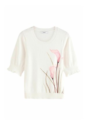 White cotton sweater featuring short puff sleeves, a round neckline, and floral design in soft pink and green on the front.