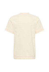 Kurzes T-Shirt in blass-beige, aus weicher Baumwolle, mit klassischem Rundhalsausschnitt und leicht geripptem Saum und Ärmeln.