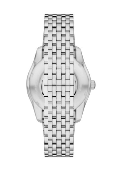 Silberne Metall-Uhr mit einem gewobenen Gliederarmband, die ein rundes transparentes Gehäuse und eine einfache Druckkrone an der Seite aufweist.