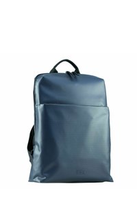 Zaino blu navy realizzato in materiale liscio e resistente; presenta una tasca frontale, spallacci imbottiti e maniglia superiore per un facile trasporto.
