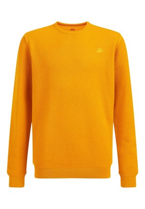 Herrenpullover in leuchtendem Orange mit strukturierter Strickoptik, langärmelig, Rundhalsausschnitt sowie gerippten Bündchen und Saum.