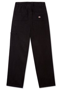 Pantalon noir à jambes droites avec deux poches plaquées au dos, dont une avec un patch logo, et une poche latérale supplémentaire sur la jambe gauche.