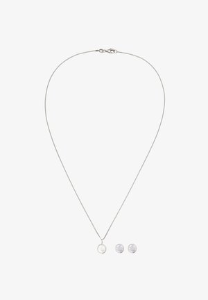 Zilverkleurige ketting met een ronde hanger en bijpassende oorstekers, voorzien van halfdoorzichtige stenen en een gepolijste afwerking.