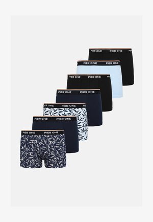 Sieben Paar Herren-Boxershorts in Schwarz, Navy, Hellblau und mit Blumenmuster, jeweils mit einem Bund, der mit "PIER ONE" gebrandet ist.