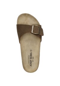 Brown leather slide sandal with a wide strap and a metal buckle, featuring a textured footbed and "Josef Seibel" branding on the insole.