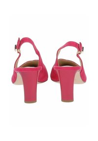 Sandali con tacco alto in suede rosa, con apertura sul retro, cinturino alla caviglia e tacco spesso. Texture liscia e design semplice.