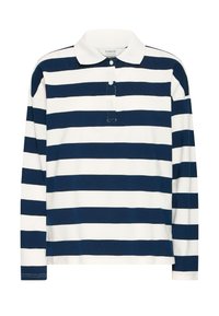 Langärmliges Poloshirt mit horizontalen Streifen in Marineblau und Weiß, klassischem Kragen und einer Knopfleiste mit drei Knöpfen. Strukturierter Stoff.