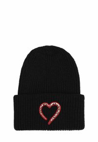 Black ribbed knit beanie featuring a folded cuff with a red heart design outlined in leopard print. Soft texture, warm fabric.