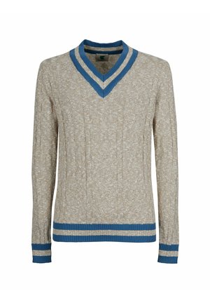 Maglione a V in beige con accenti a strisce blu. Tessuto a maglia testurizzato con polsini e orlo a coste. Presenta un design classico e fitted.