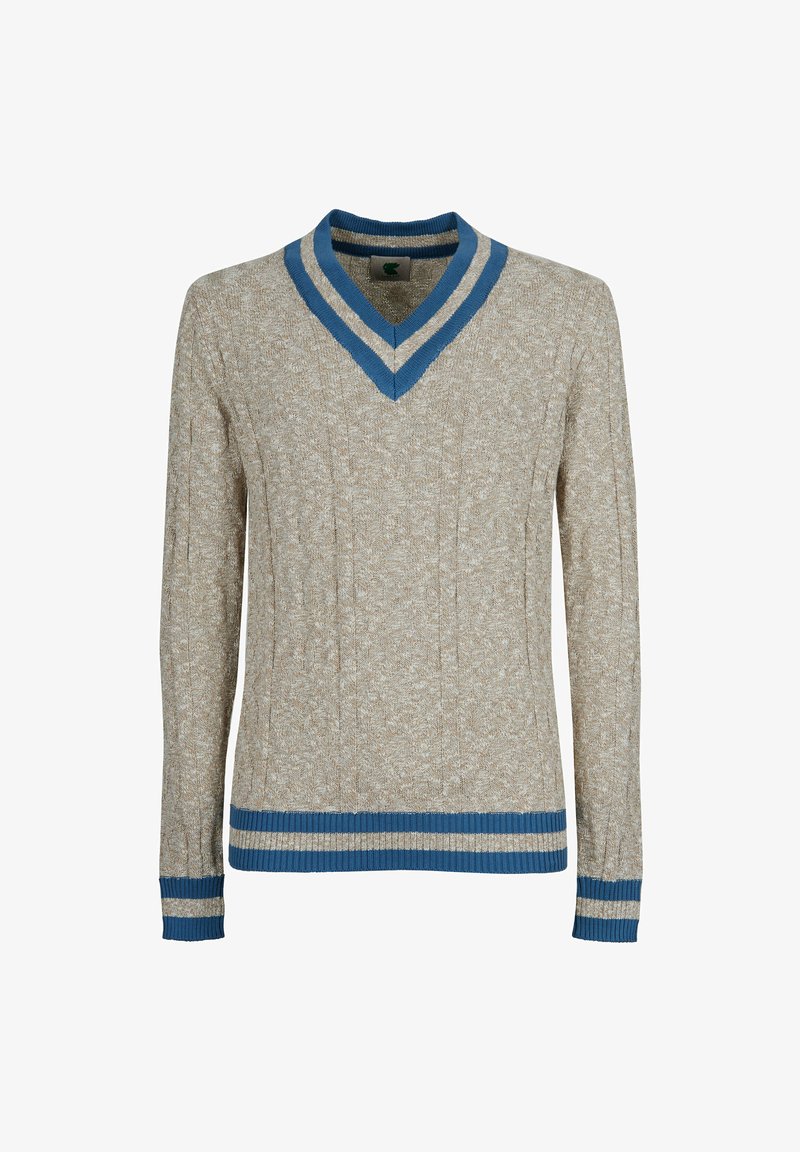 Beiger V-Ausschnitt-Pullover mit blauen Streifenakzenten. Texturiertes Strickgewebe mit gerippten Bündchen und Saum. Hat ein klassisches, tailliertes Design.