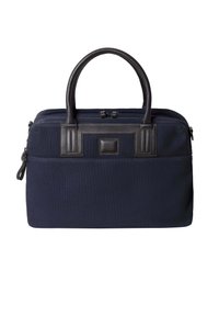 Marineblauwe stoffen aktetas met donkerbruine leren accenten, dubbele handgrepen en een ritssluiting. Voorzien van een voorvak en een gestructureerd oppervlak.