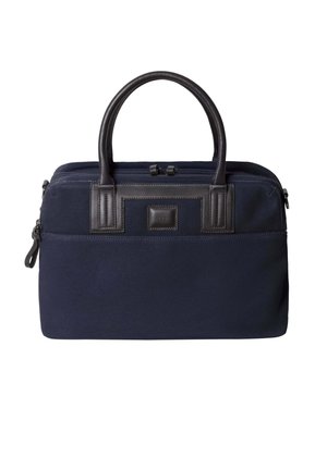 Marineblaues Stoff-aktentasche mit dunkelbraunen Lederakzenten, doppelten Griffen und einem Reißverschluss. Verfügt über eine Fronttasche und eine strukturierte Oberfläche.