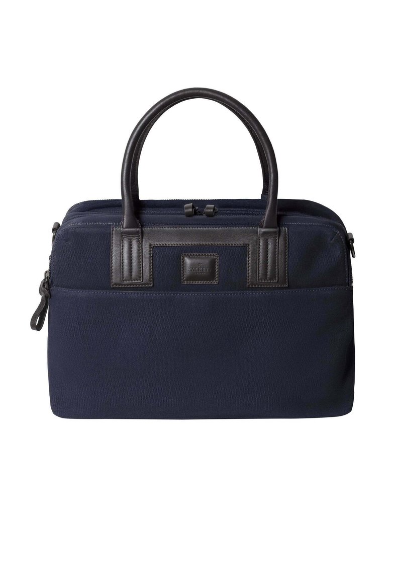 Marineblauwe stoffen aktetas met donkerbruine leren accenten, dubbele handgrepen en een ritssluiting. Voorzien van een voorvak en een gestructureerd oppervlak.