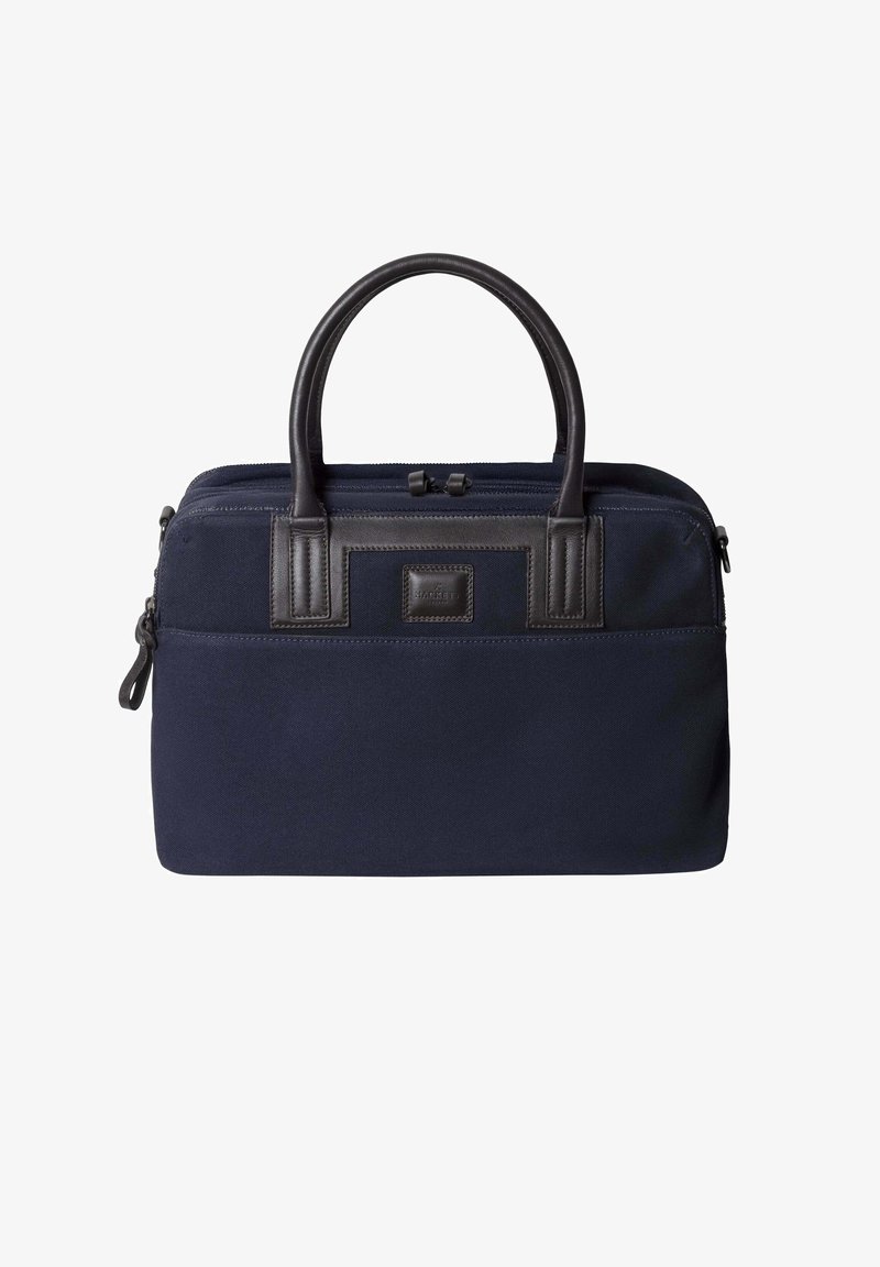 Marineblauwe stoffen aktetas met donkerbruine leren accenten, dubbele handgrepen en een ritssluiting. Voorzien van een voorvak en een gestructureerd oppervlak.