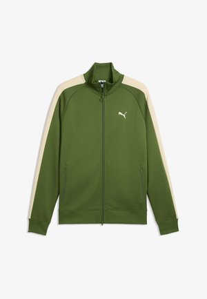 Grüne Sportjacke mit Reißverschluss, cremefarbenen Streifen an den Ärmeln und Puma-Logo auf der Brust, mit gerippten Bündchen, Kragen und Saum.