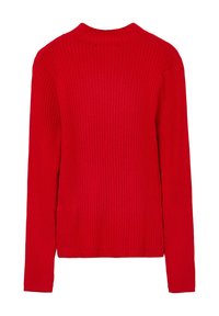 Maglione a coste rosso con maniche lunghe e collo alto. Presenta un motivo testurizzato e una vestibilità comoda. Design minimalista, senza elementi hardware visibili.