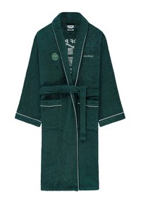 Zielony bawełniany szlafrok z kołnierzem szalowym, białym wykończeniem i dwoma kieszeniami. Na froncie znajduje się napis "POCKIES" oraz okrągłe logo.