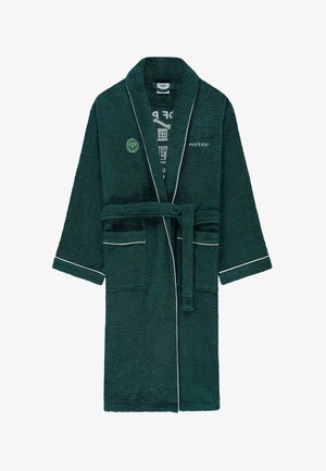 Žalias frotinis vonios chalatas su šalikiniu apykaklė, balta apdaila ir dviem kišenėmis. Priekyje yra tekstas "POCKIES" ir apvalus logotipas.