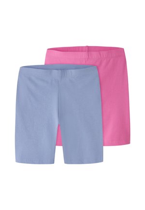 Dve pari enobarvnih kratkih hlač do kolen, ene svetlomoder spredaj in ene roza zadaj, obe z elastičnim pasom.