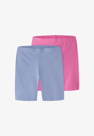 To par knælange shorts i ensfarvet stof, den ene lyseblå foran og den anden pink bagpå, begge med elastiske taljebånd.