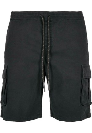 Schwarze Cargo-Shorts mit elastischem Bund und Kordelzug. Besitzen seitliche Taschen und eine glatte Stofftextur. Lässiger Stil, knielang.