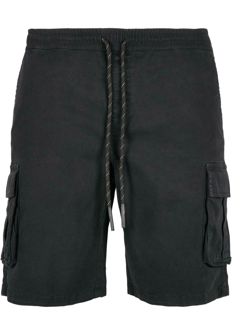 Schwarze Cargo-Shorts mit elastischem Bund und Kordelzug. Besitzen seitliche Taschen und eine glatte Stofftextur. Lässiger Stil, knielang.