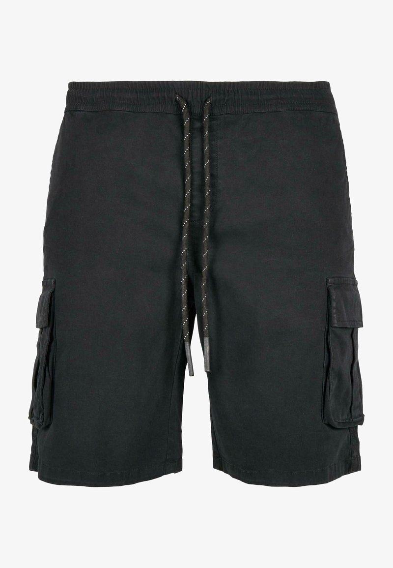 Sorte cargo shorts med elastisk talje og snøre. Har sidelommer og en glat stofstruktur. Afslappet stil, knælængde.