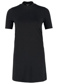 Svart kortärmad klänning med rundad halsringning, tillverkad av slät tyg, med en slim fit och knälång design.