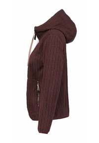 Burgundy fleece-takki, jossa on teksturoitu muotoilu, huppu ja kaksi sivu-zippitaskua. Sisältää kontrastivärisen narun kaulan säätöön.