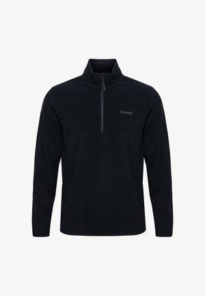 Pull-over en polaire noire avec manches longues, zip frontal sur la moitié, col montant, et petit logo "hummel" sur la poitrine gauche.