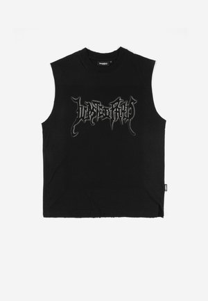 Čierny tielkový top s vysokým výstrihom a gotickým nápisom "Wasted" uprostred na hrudi.