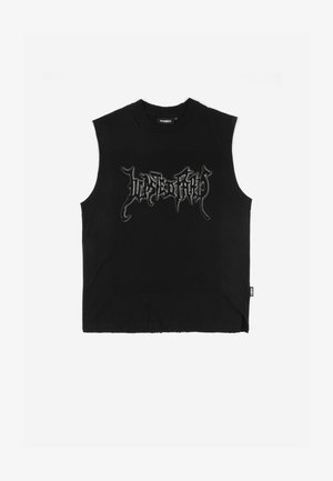 Svart ermeløs topp med høy hals og gotisk stil "Wasted" tekstlogo sentrert på brystet.