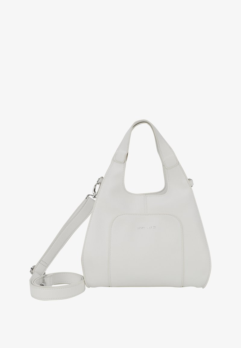 Witte leren schoudertas met een gebogen silhouet, een enkele handgreep aan de bovenkant en een afneembare schouderriem; heeft een voorvak en minimale hardware.