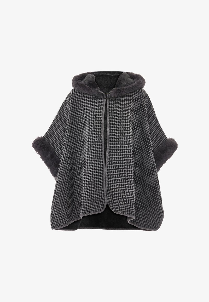 Gray houndstooth-patterned poncho with faux fur trim, featuring a hood and front zipper, made of soft fabric for warmth and comfort.