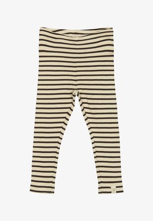 Csíkos leggings krém és sötétbarna színben, bordázott textúrával, közepes magas derékkal és testhezálló fazonnal. Kicsi logó található a szegélyen.