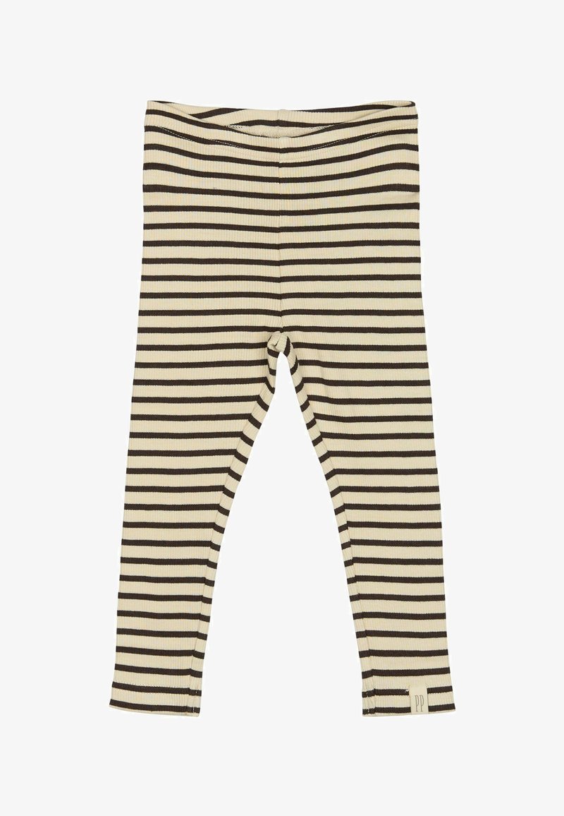 Prugaste tajice u krem i tamno smeđoj boji, rebraste teksture, srednji struk i uski kroj. Ima mali logo na rubu.