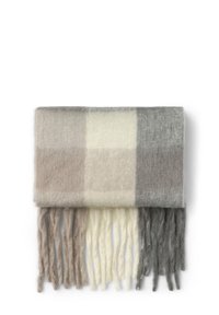 Sciarpa a quadri in morbida lana spazzolata; presenta quadrati grigi, crema e beige chiaro. Margini frangiati notevoli in diverse tonalità di grigio e crema.