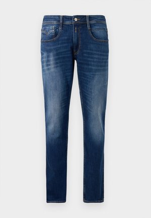 Dark blue denim jeans with a straight fit, five pockets, subtle fading on the legs, and stitched accents on the waistband.