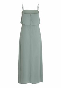 Rochie fără mâneci de culoare verde deschis, cu un design stratificat în partea superioară și închidere cu fermoar. Confecționată dintr-un material neted, ajunge până la jumătatea gambei.