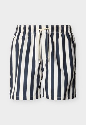 Maillots de bain pour hommes à rayures verticales bleu marine et blanches, avec taille élastique et cordon blanc à nouer à l'avant.