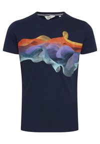 Marineblå T-shirt i bomuld med rund hals og korte ærmer, med et flerfarvet bølget grafisk design på tværs af brystet.