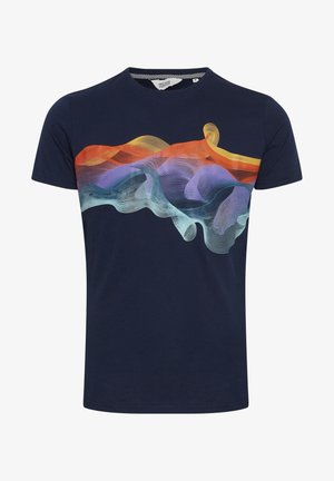 Marineblå T-shirt i bomuld med rund hals og korte ærmer, med et flerfarvet bølget grafisk design på tværs af brystet.