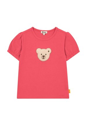 Rosa kurzärmliges T-Shirt mit einem Bären-Gesicht-Applikation in der Mitte. Hergestellt aus weichem Stoff mit gepufften Ärmeln und einem runden Ausschnitt.
