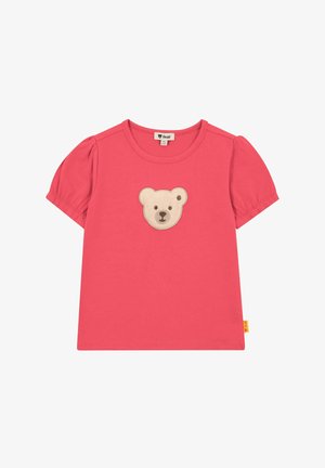 Pink short-sleeved t-shirt featuring a bear face appliqué at the center. Made from soft fabric with puffed sleeves and a round neckline.